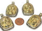 1 Pendant - Tibetan dual tone gold silver color Buddha face pendant with reverse side floral carving from Nepal - PM597B