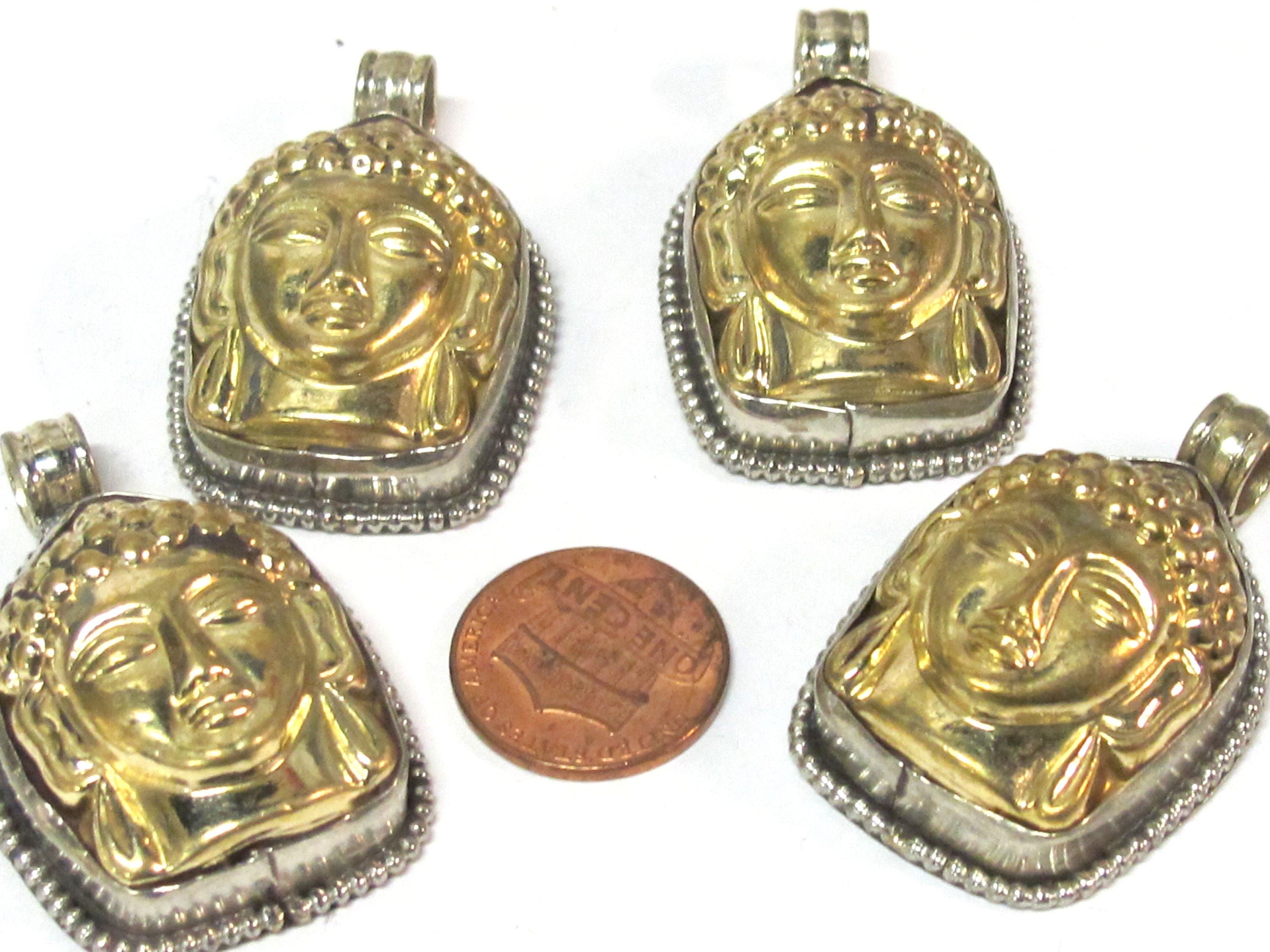 1 Pendant - Tibetan dual tone gold silver color Buddha face pendant with reverse side floral carving from Nepal - PM597B