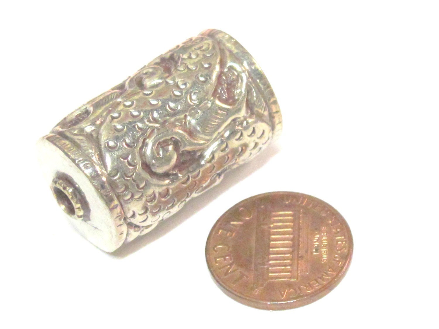 Tibetan silver filigree snake design cylinder focal pendant bead antiqued finish - 1 bead- BD008A