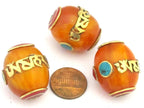 1 Bead - Large thick Tibetan copal resin Om mantra bead with brass , turquoise and inlay - BD678