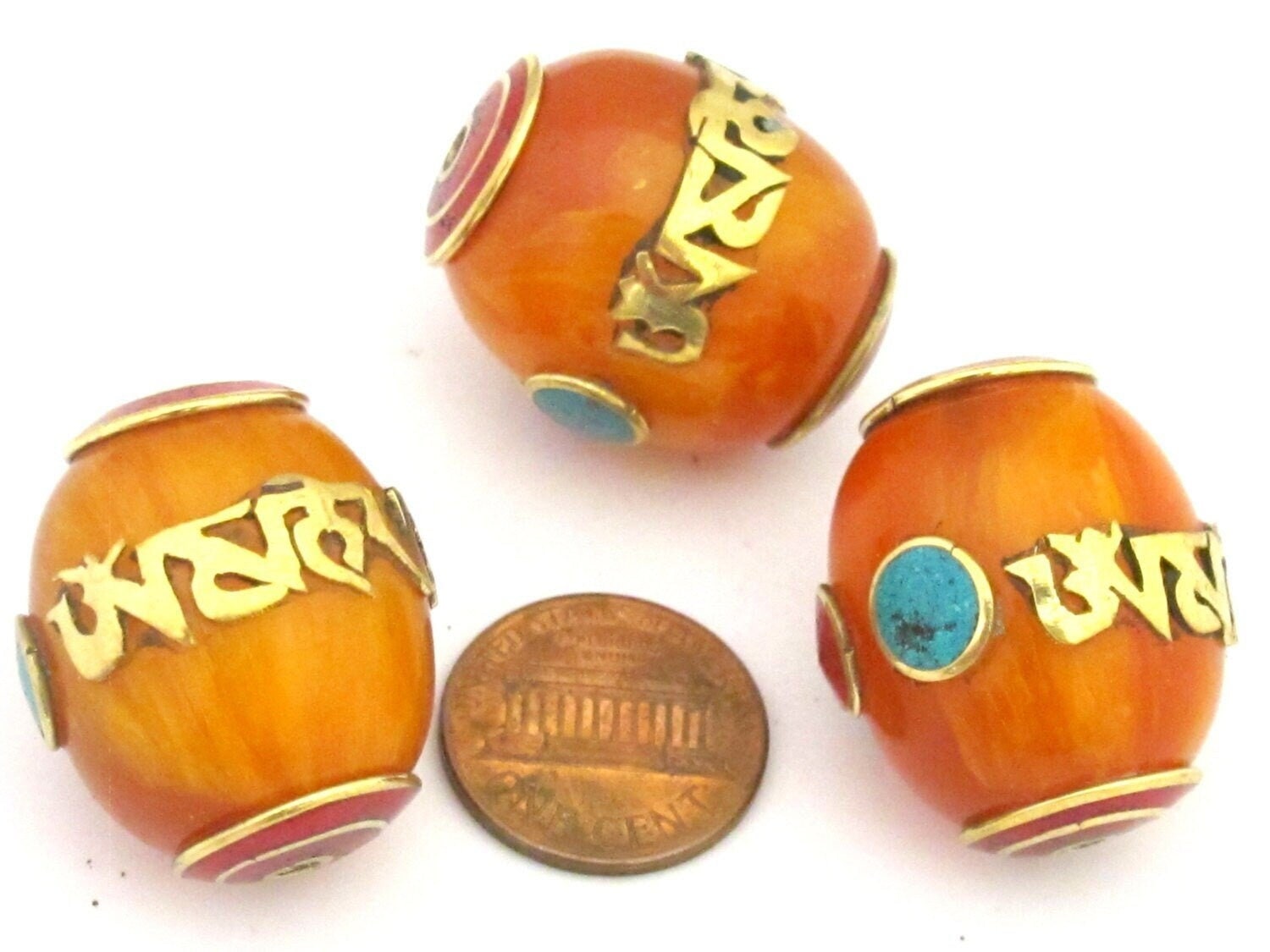 1 Bead - Large thick Tibetan copal resin Om mantra bead with brass , turquoise and inlay - BD678