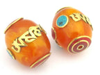 1 Bead - Large thick Tibetan copal resin Om mantra bead with brass , turquoise and inlay - BD678
