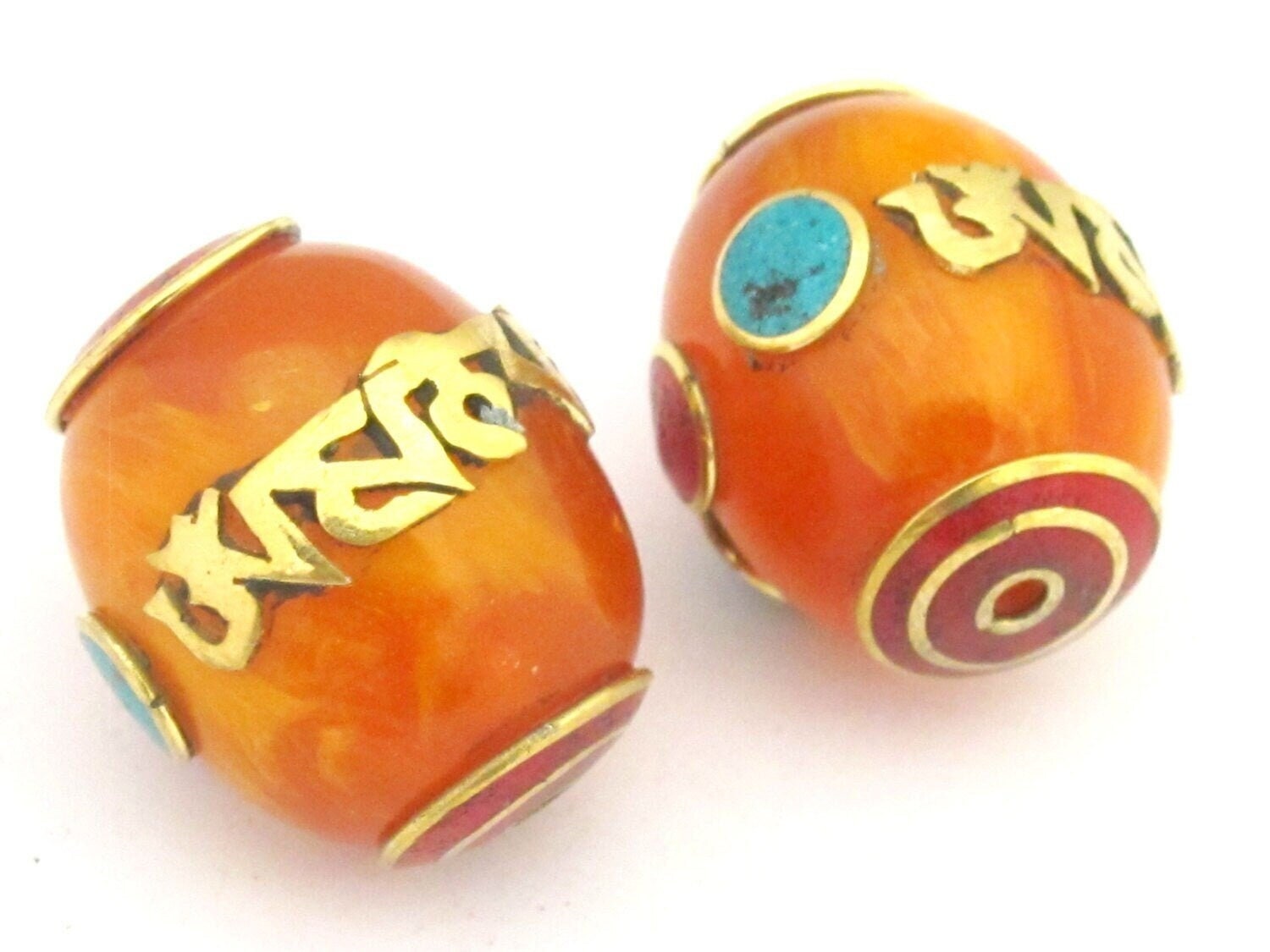 1 Bead - Large thick Tibetan copal resin Om mantra bead with brass , turquoise and inlay - BD678