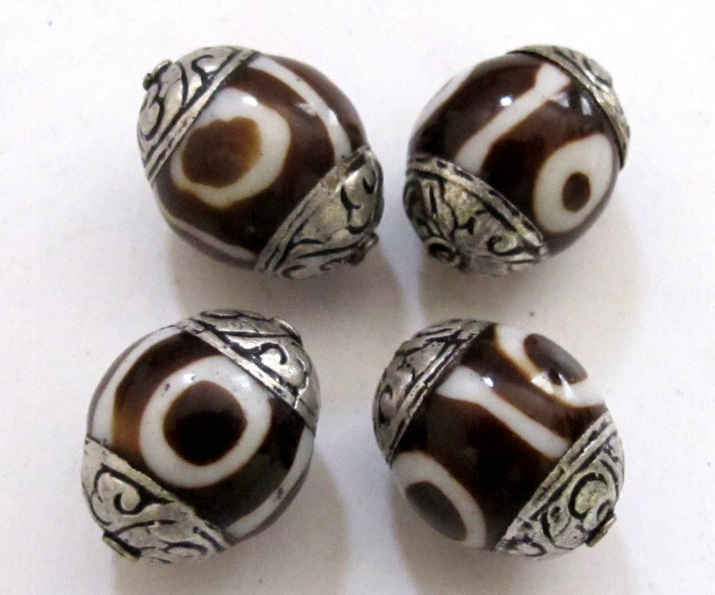 2 BEADS - Tibetan silver capped batik dzi design bone bead - BD522A