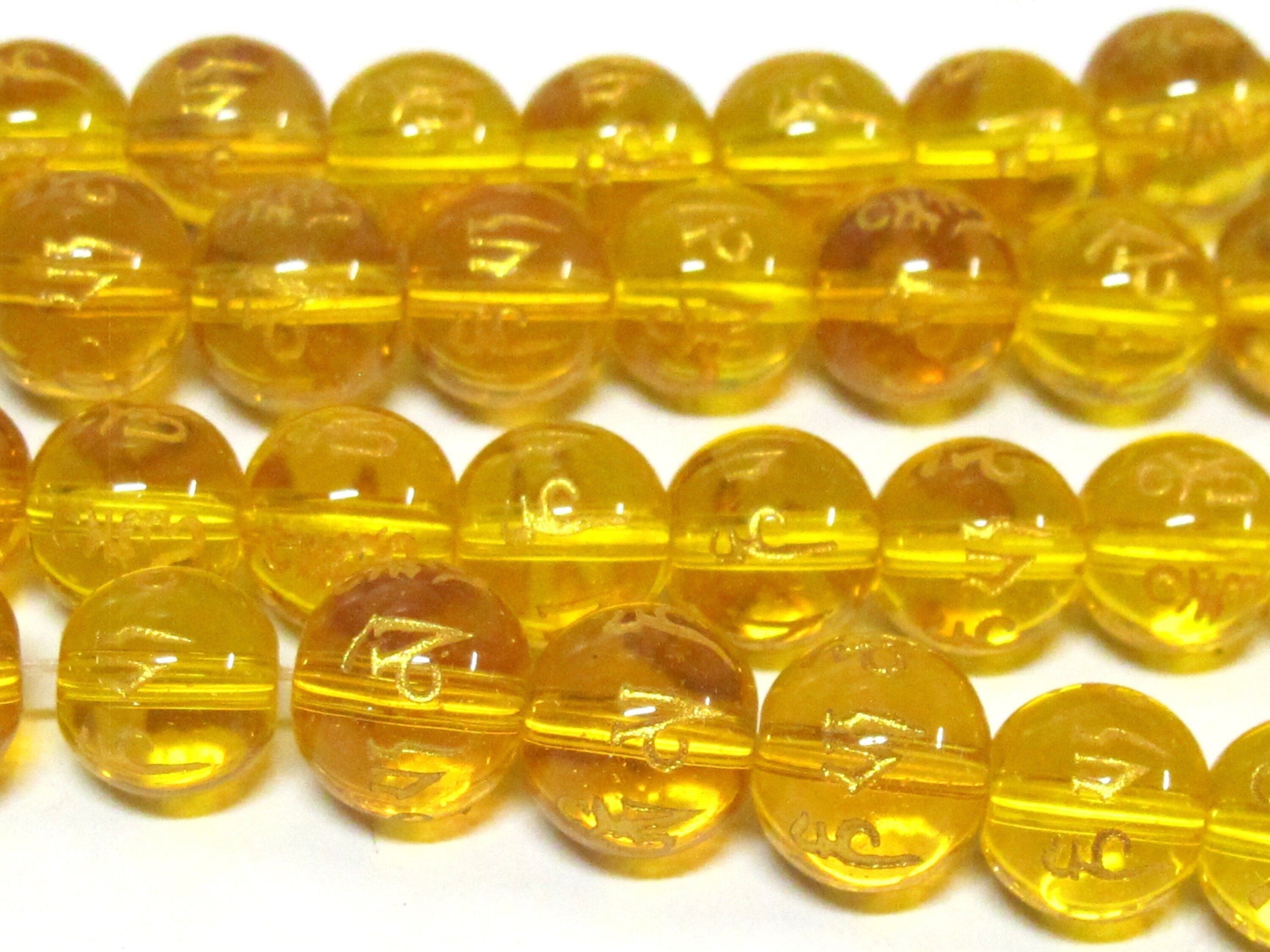 4 Beads-Tibetan om mantra etched honey yellow color quartz beads 10 mm - GM227K