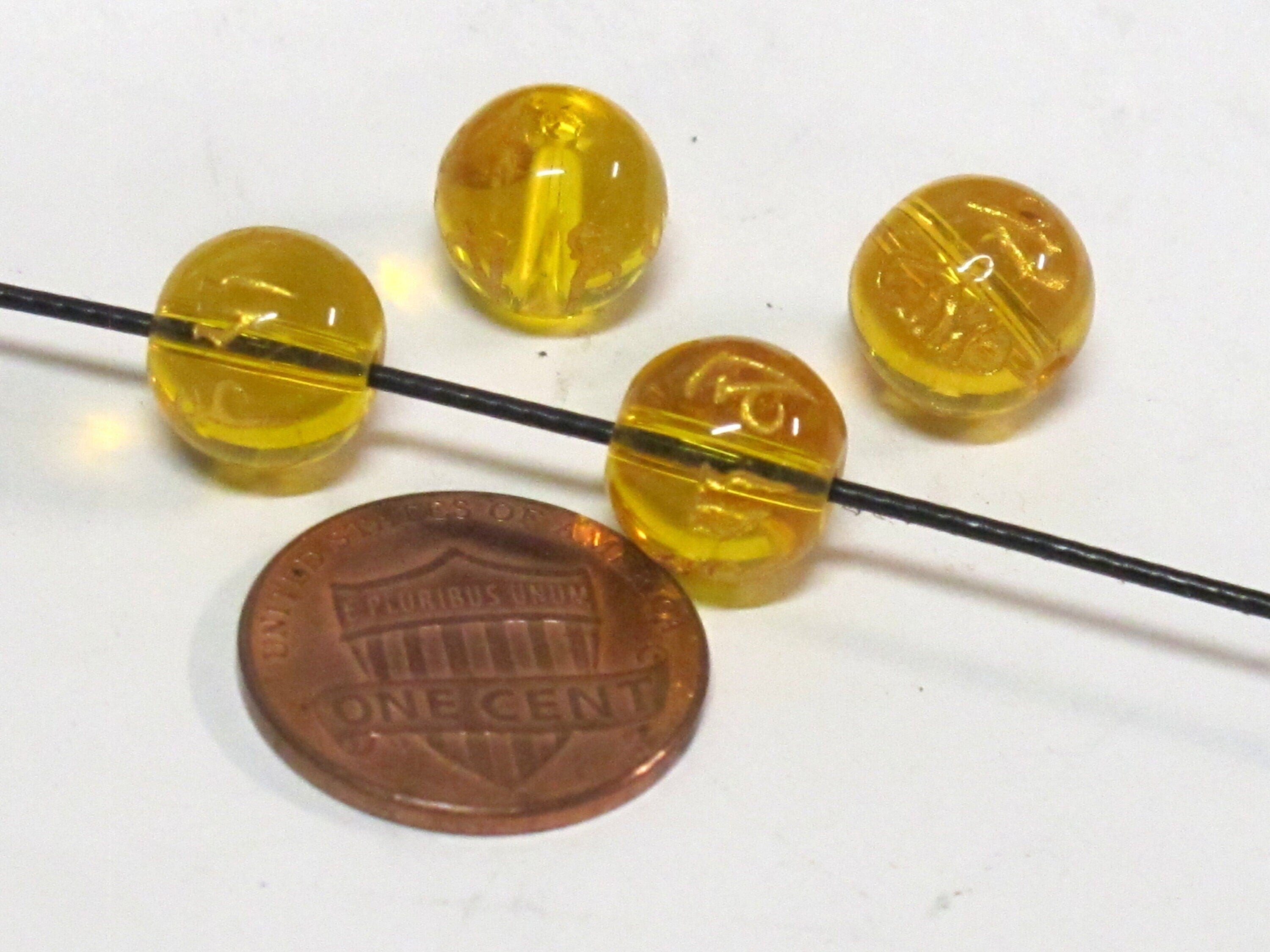 4 Beads-Tibetan om mantra etched honey yellow color quartz beads 10 mm - GM227K