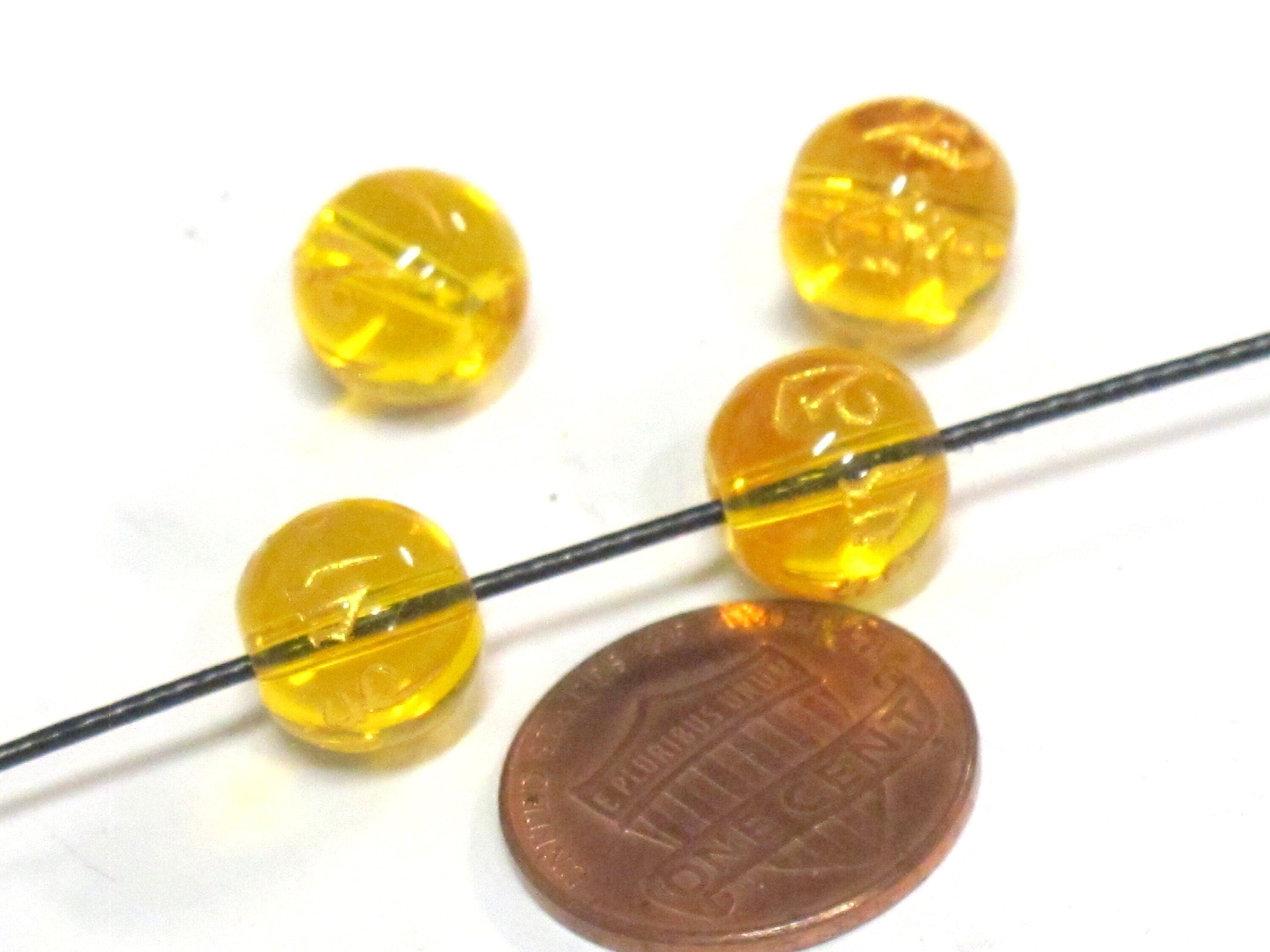 4 Beads-Tibetan om mantra etched honey yellow color quartz beads 10 mm - GM227K