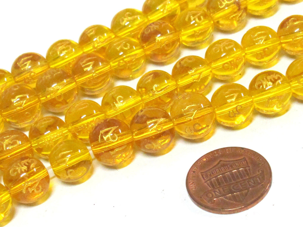 4 Beads-Tibetan om mantra etched honey yellow color quartz beads 10 mm - GM227K