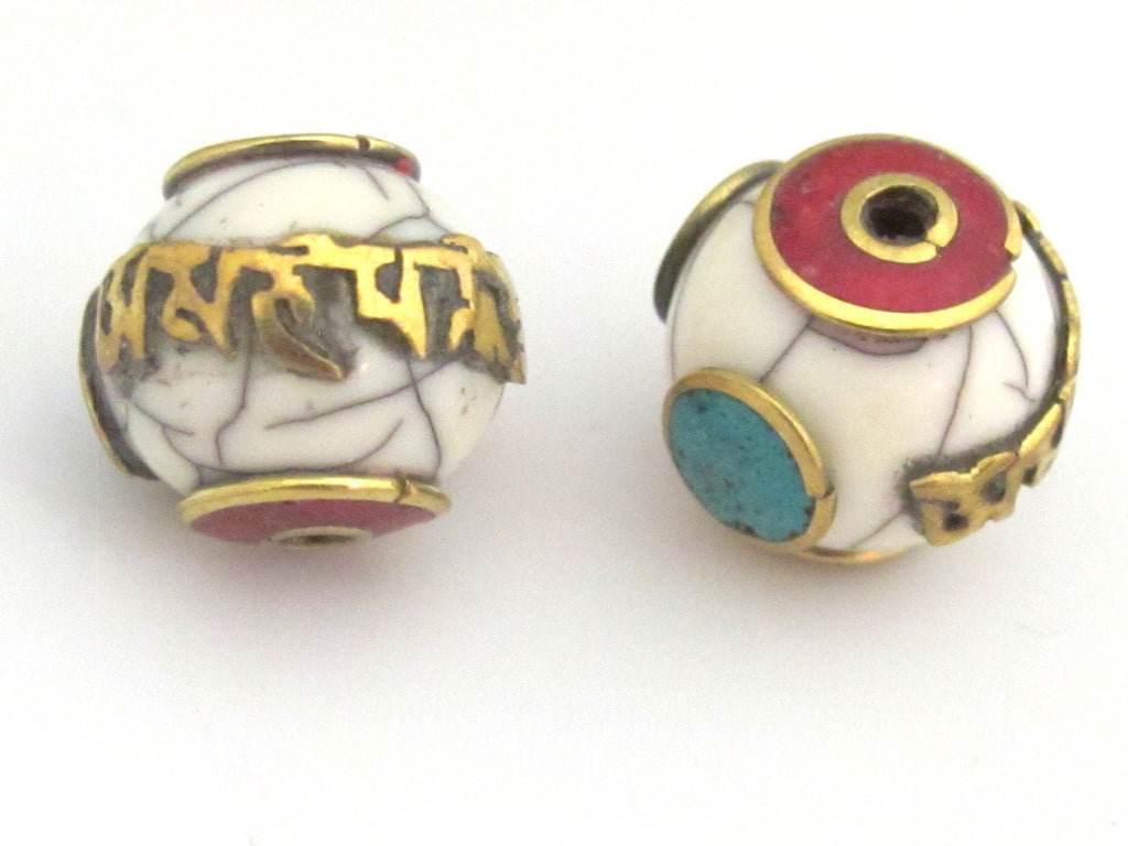 2 Beads - Tibetan beads white crackle resin Om mantra bead with brass , turquoise and coral inlay - BD696
