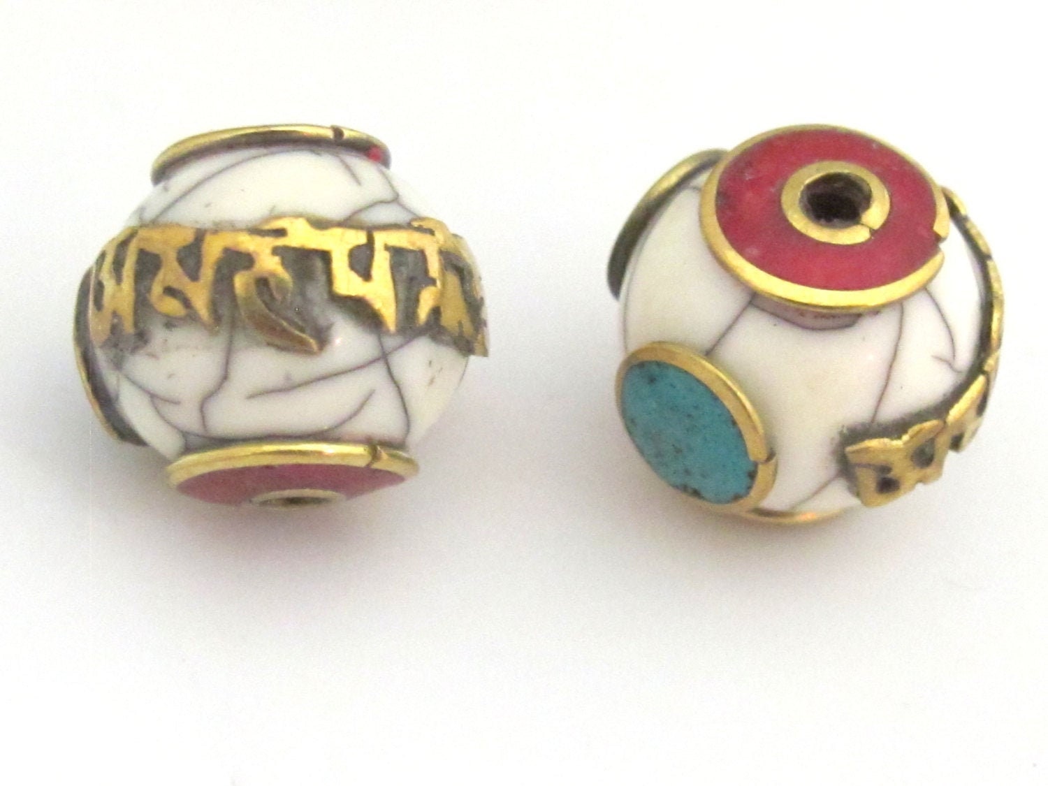 2 Beads - Tibetan beads white crackle resin Om mantra bead with brass , turquoise and coral inlay - BD696