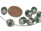 10 Beads - Tibetan silver tone capped green synthetic malachite gemstone beads from Nepal 8-9 mm thick x 9 -11 mm long - BD976Ax
