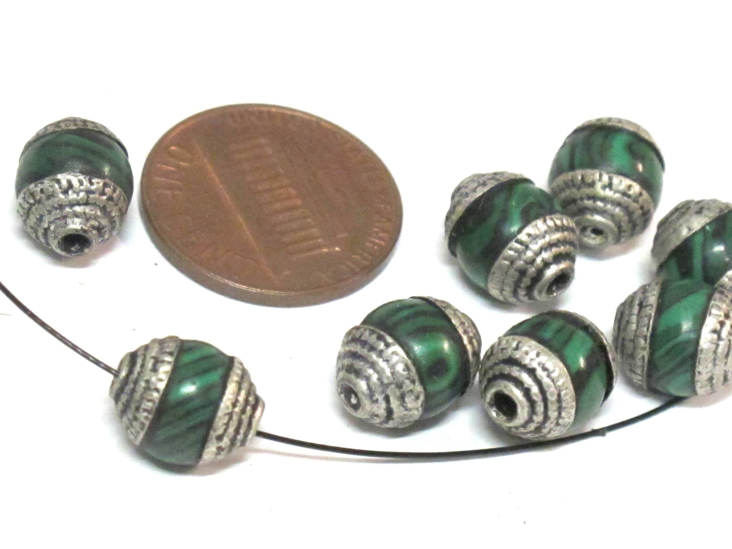 10 Beads - Tibetan silver tone capped green synthetic malachite gemstone beads from Nepal 8-9 mm thick x 9 -11 mm long - BD976Ax