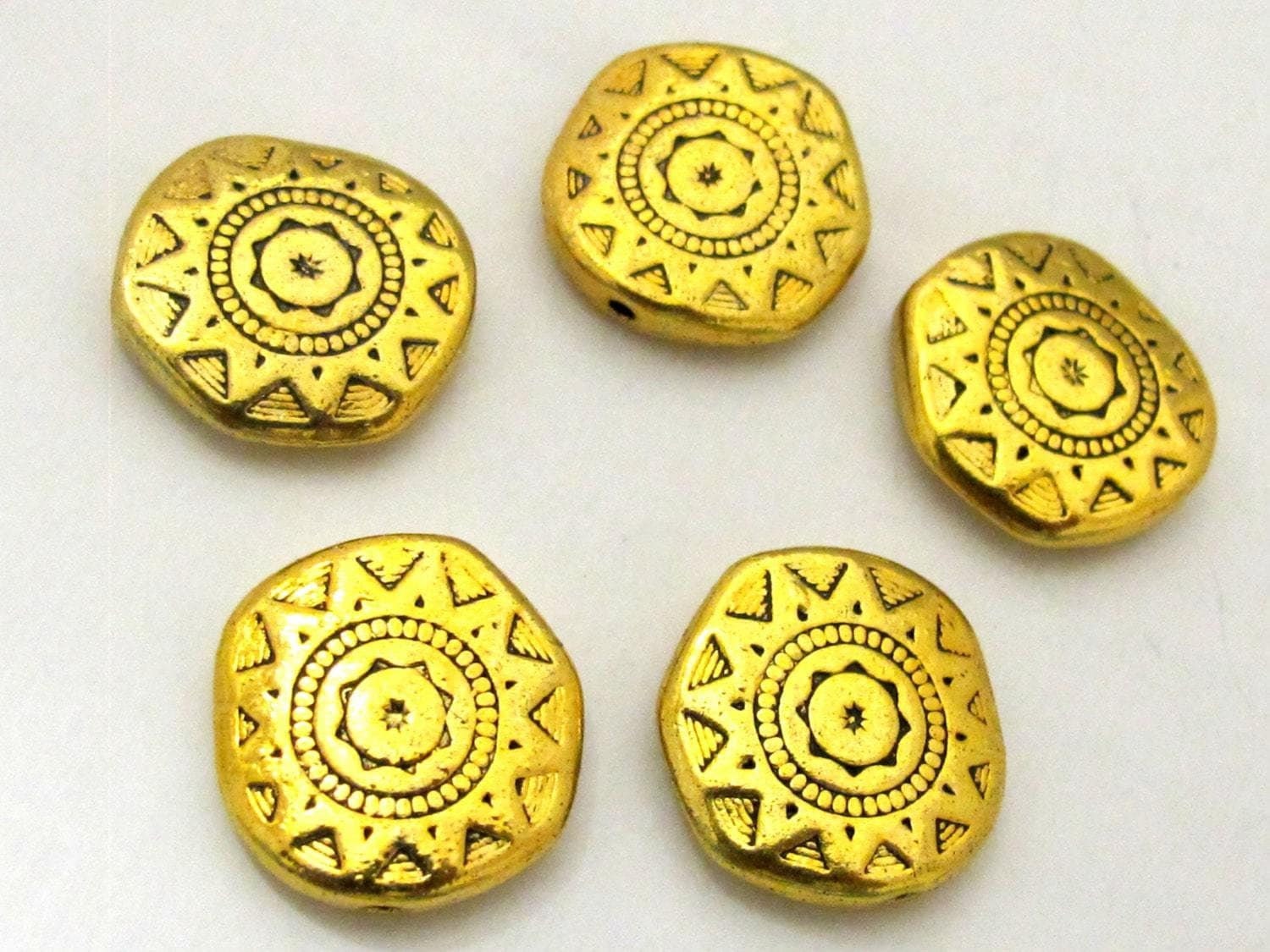 4 Beads - 18 mm wide Large disc shape antiqued golden color dual sided sun chakra design beads - BD786