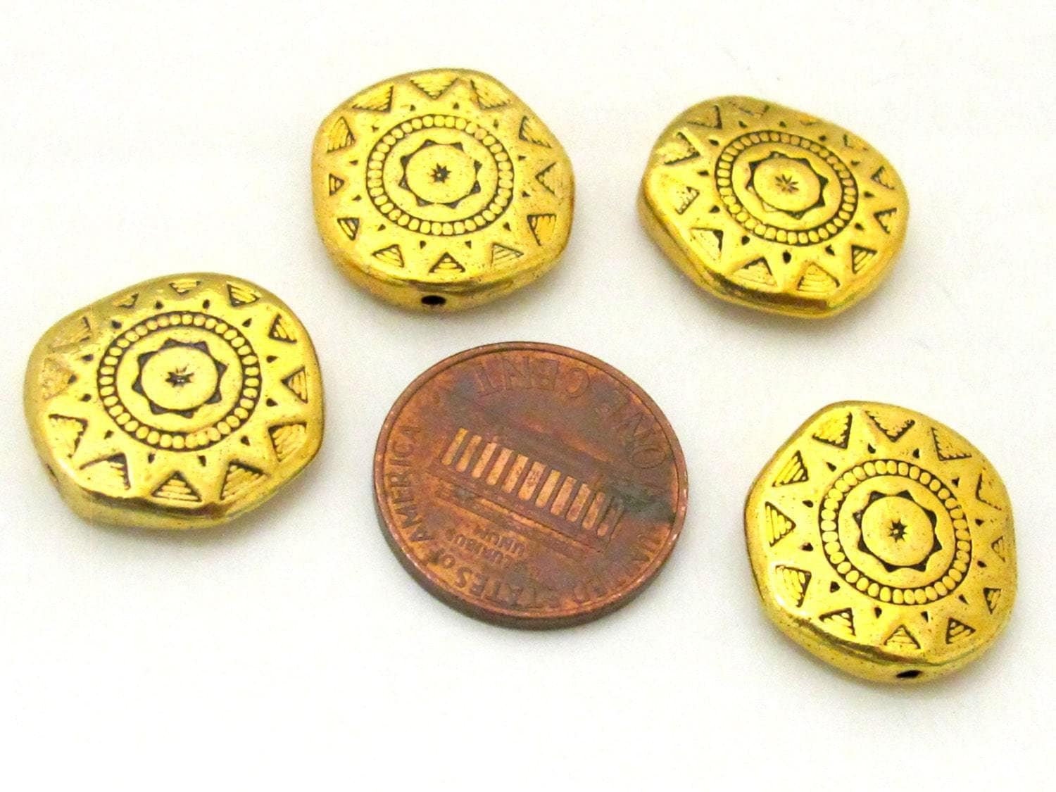 4 Beads - 18 mm wide Large disc shape antiqued golden color dual sided sun chakra design beads - BD786