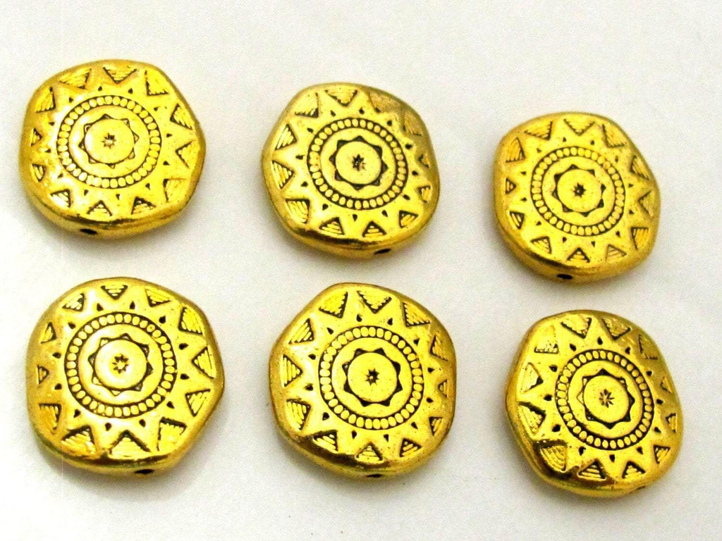 4 Beads - 18 mm wide Large disc shape antiqued golden color dual sided sun chakra design beads - BD786