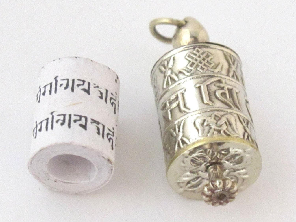Tibetan antiqued silver Om Mantra with auspicious symbols spinnable prayer wheel scroll pendant light-weight Nepal - SP022