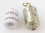 Tibetan antiqued silver Om Mantra with auspicious symbols spinnable prayer wheel scroll pendant light-weight Nepal - SP022