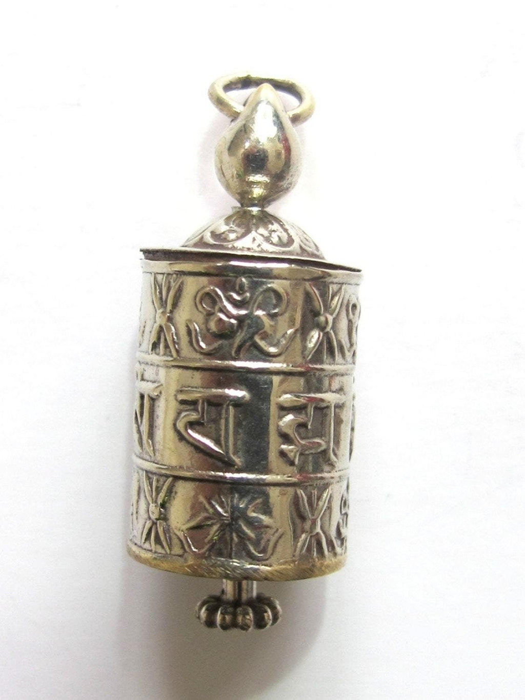Tibetan antiqued silver Om Mantra with auspicious symbols spinnable prayer wheel scroll pendant light-weight Nepal - SP022