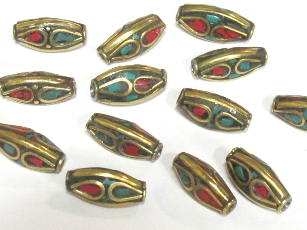 4 Beads - Bicone brass beads from Nepal with turquoise coral inlay - BD979