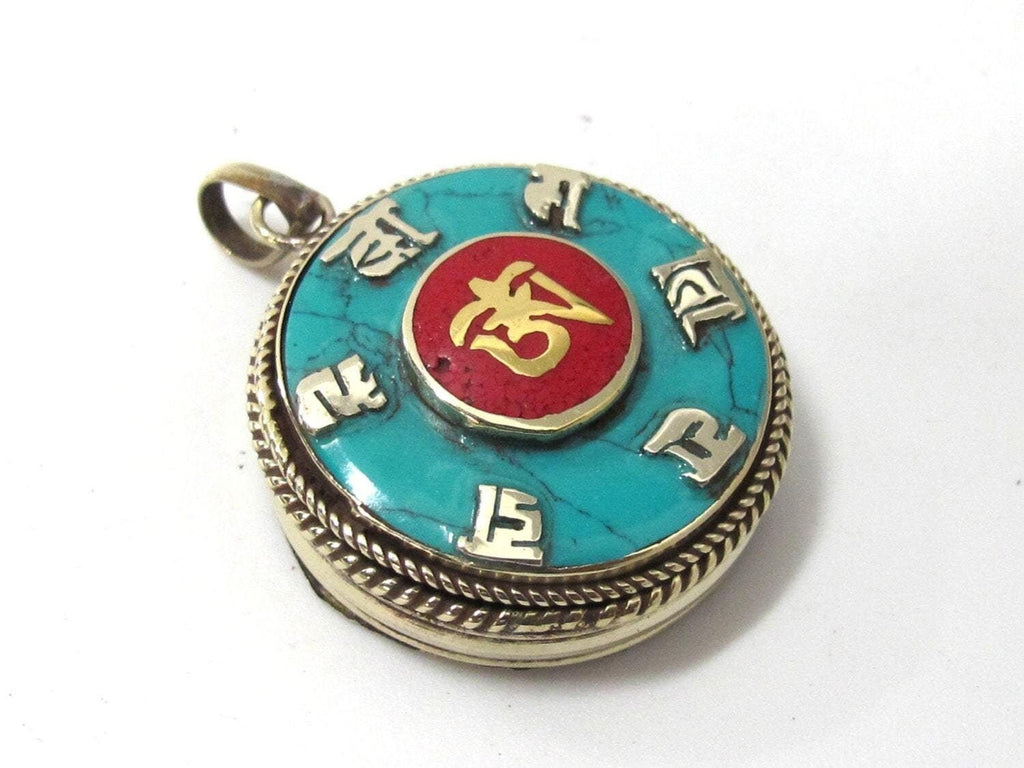 Round Tibetan Ghau prayer box Om pendant with turquoise inlay - PM524