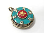 Round Tibetan Ghau prayer box Om pendant with turquoise inlay - PM524