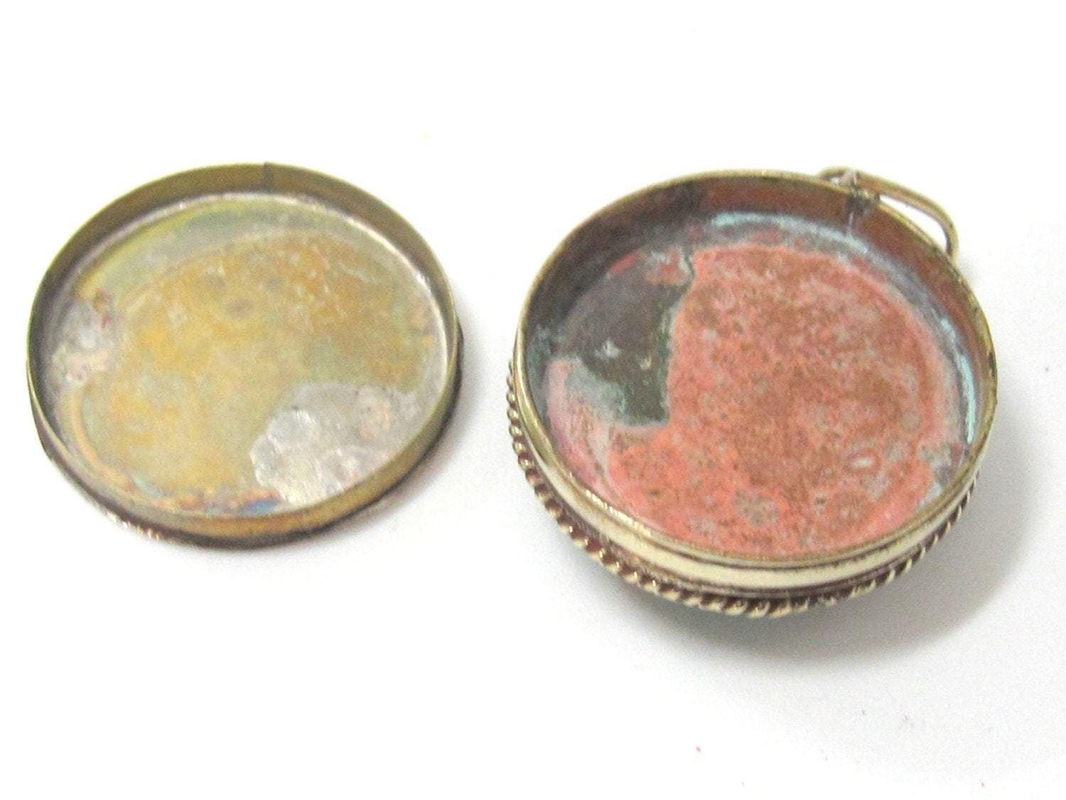 Round Tibetan Ghau prayer box Om pendant with turquoise inlay - PM524