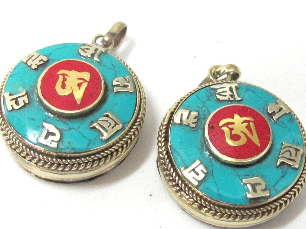 Round Tibetan Ghau prayer box Om pendant with turquoise inlay - PM524