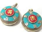 Round Tibetan Ghau prayer box Om pendant with turquoise inlay - PM524
