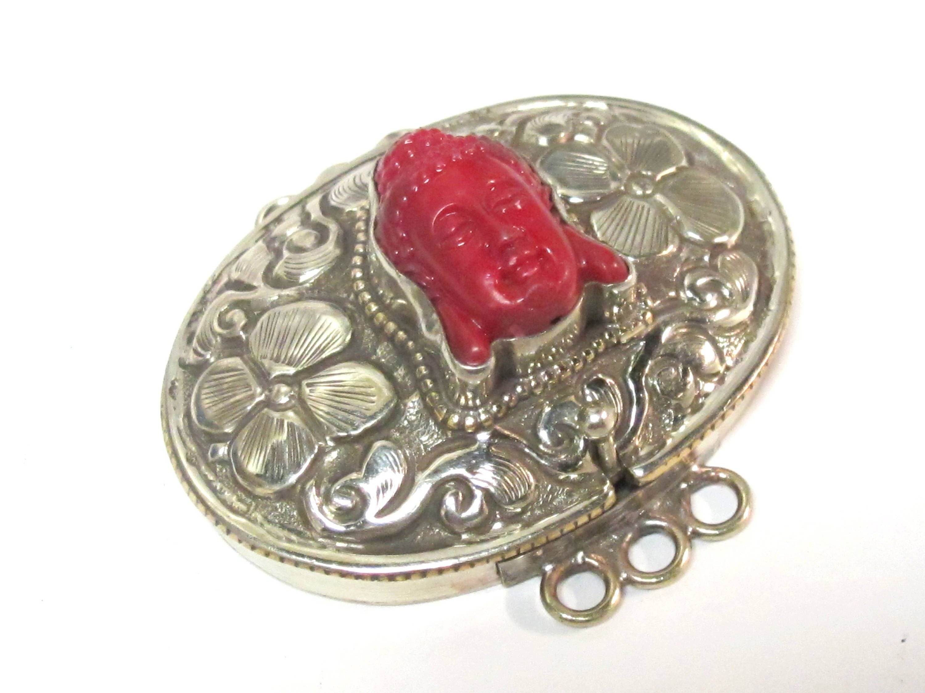 1 clasp - Large oval shape ethnic Tibetan silver finish red buddha box clasp pendant from Nepal - LN039B