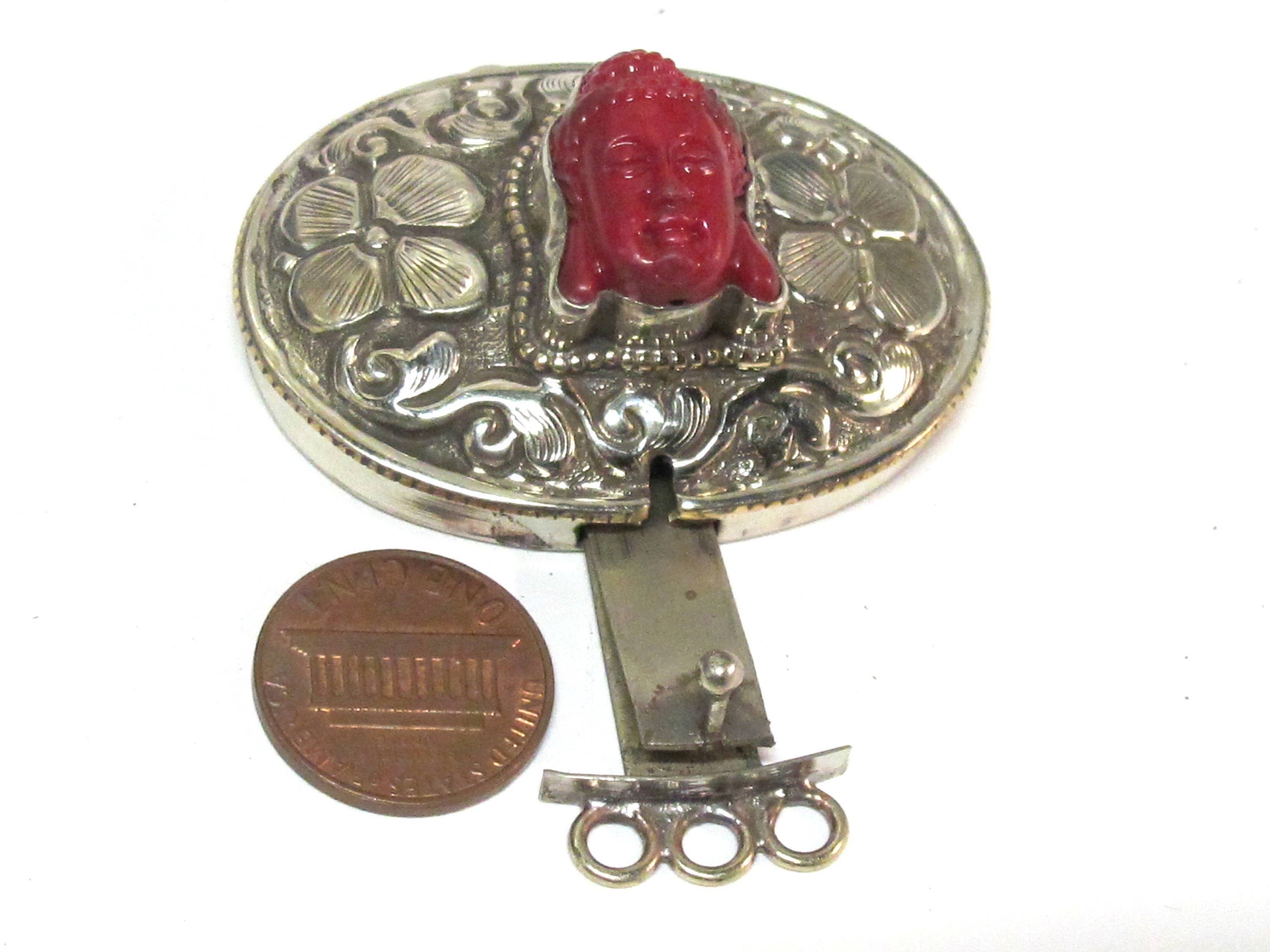 1 clasp - Large oval shape ethnic Tibetan silver finish red buddha box clasp pendant from Nepal - LN039B