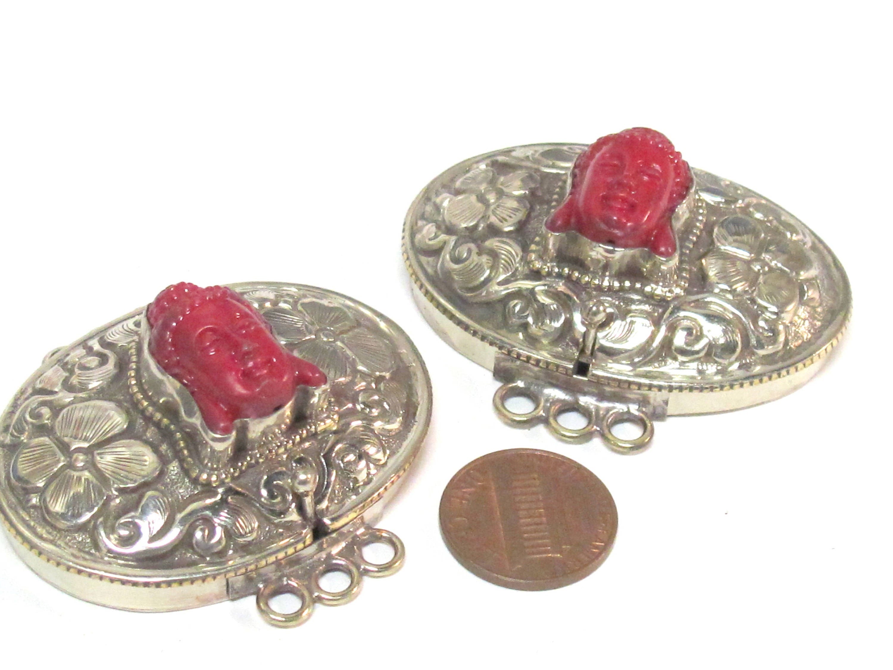 1 clasp - Large oval shape ethnic Tibetan silver finish red buddha box clasp pendant from Nepal - LN039B