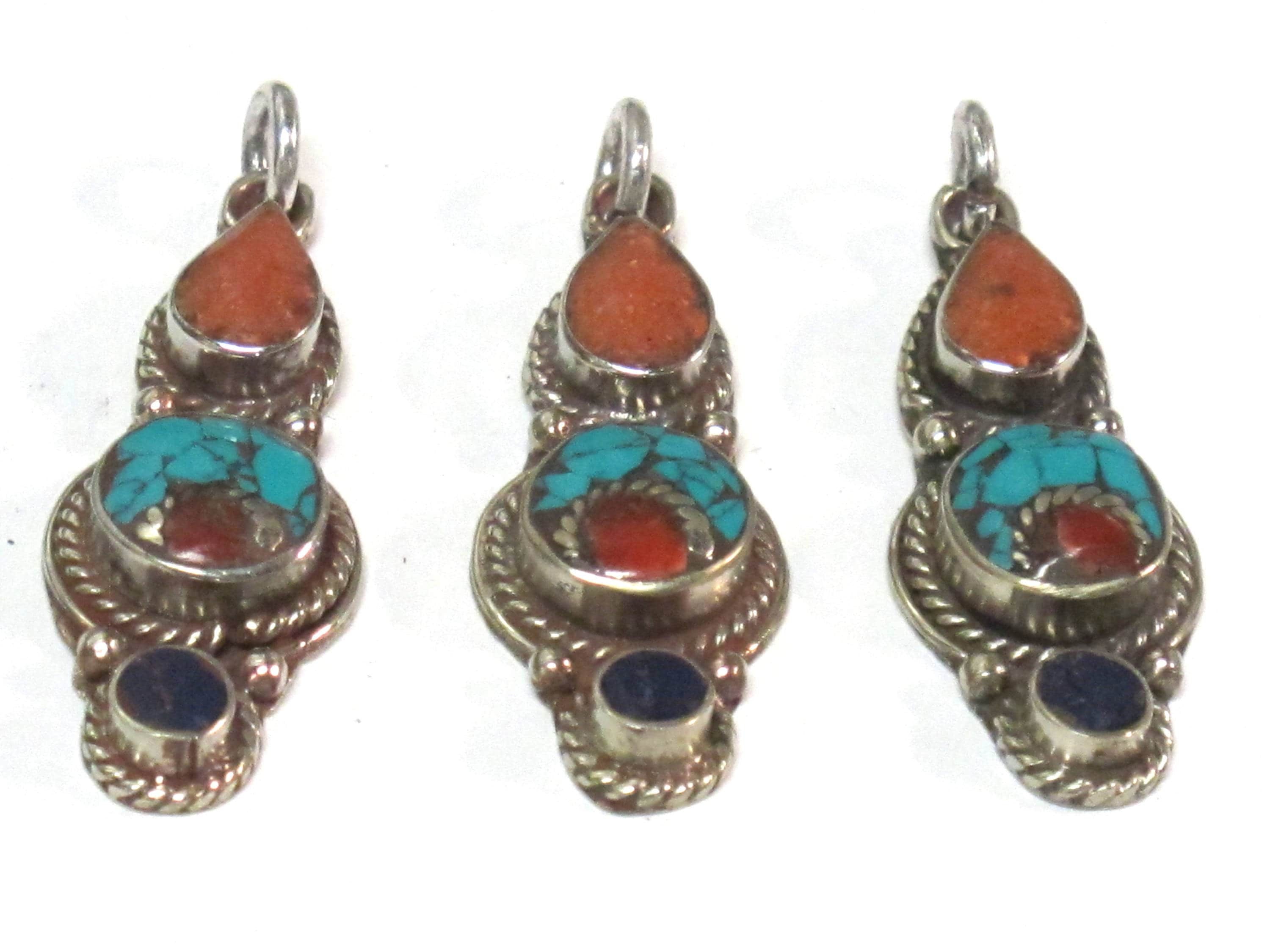 1 pendant - Small linear drop shape Tibetan silver charm pendant with mosaic turquoise coral lapis inlay - PM575A
