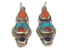 1 pendant - Small linear drop shape Tibetan silver charm pendant with mosaic turquoise coral lapis inlay - PM575A