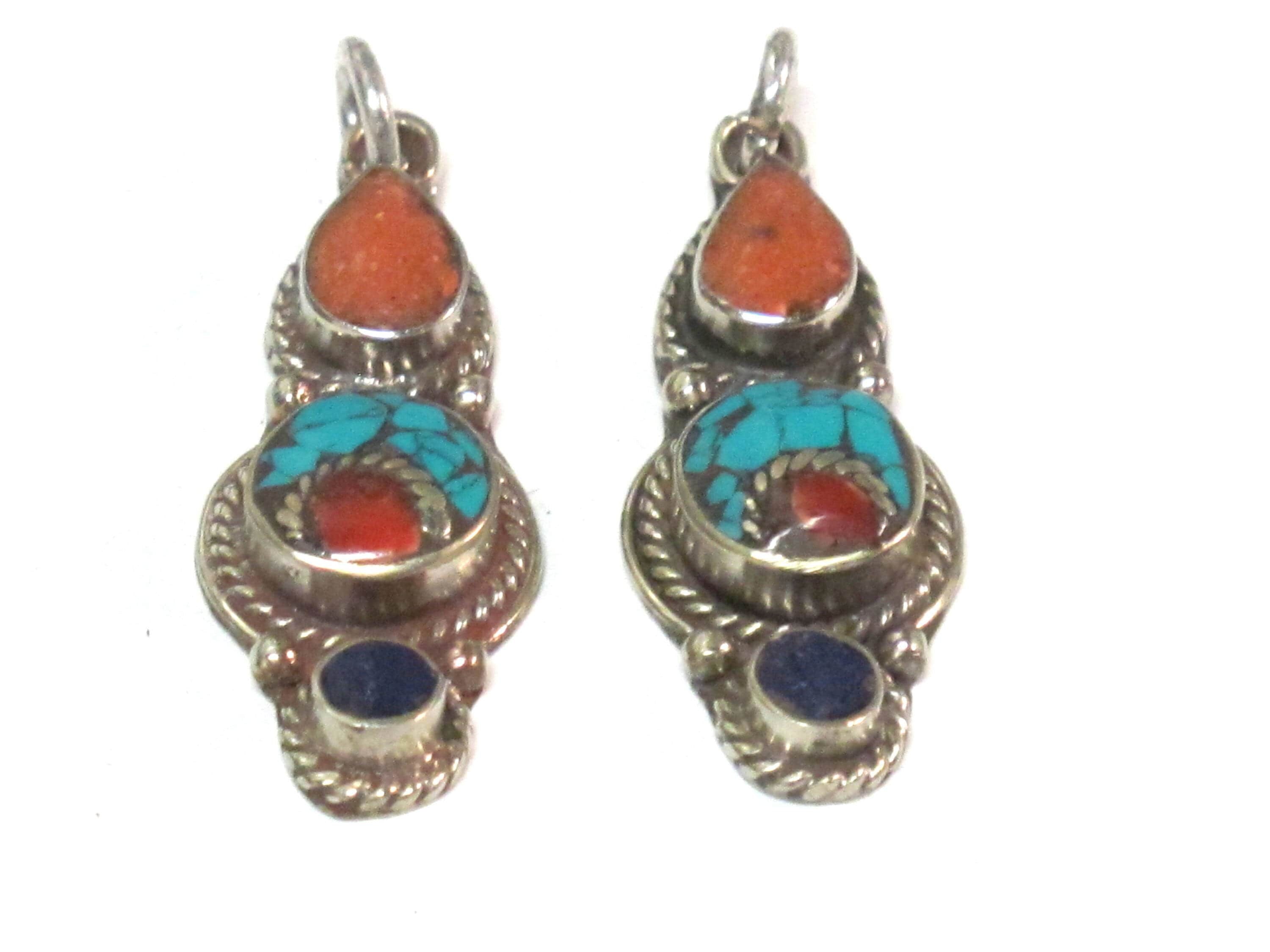 1 pendant - Small linear drop shape Tibetan silver charm pendant with mosaic turquoise coral lapis inlay - PM575A