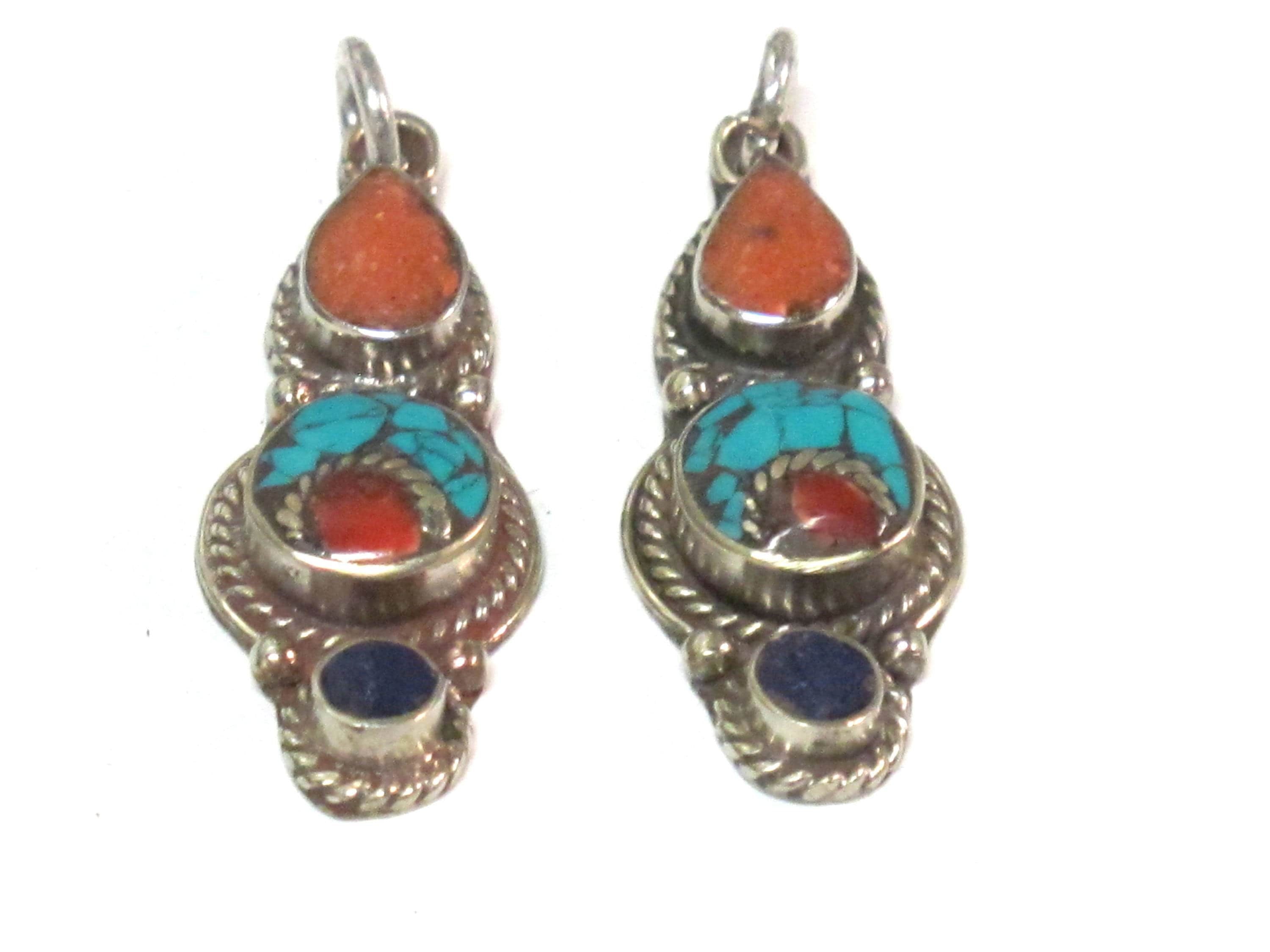 1 pendant - Small linear drop shape Tibetan silver charm pendant with mosaic turquoise coral lapis inlay - PM575A