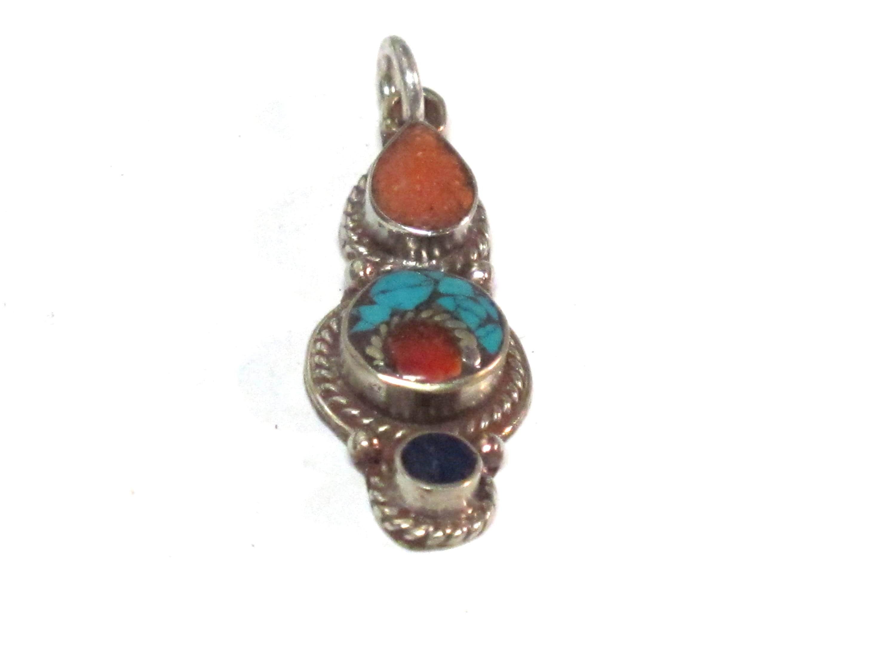 1 pendant - Small linear drop shape Tibetan silver charm pendant with mosaic turquoise coral lapis inlay - PM575A