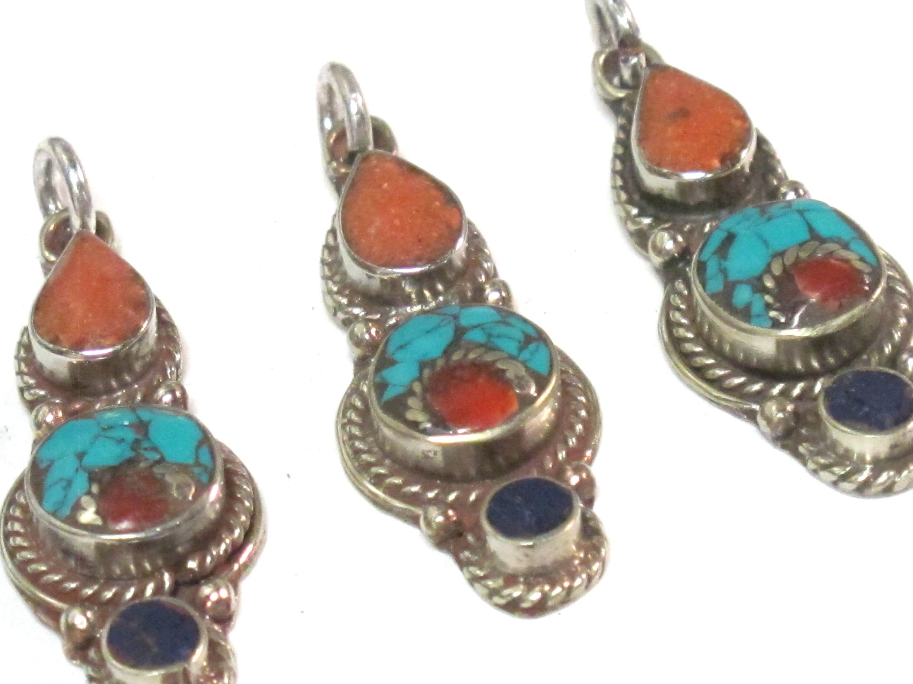 1 pendant - Small linear drop shape Tibetan silver charm pendant with mosaic turquoise coral lapis inlay - PM575A