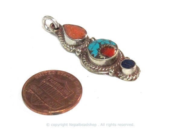 1 pendant - Small linear drop shape Tibetan silver charm pendant with mosaic turquoise coral lapis inlay - PM575A