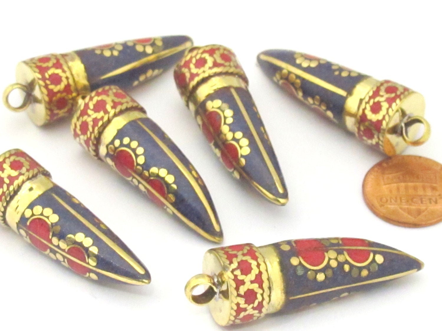 1 Pendant - Tibetan horn tusk shape lapis coral inlaid Brass pendant with dotted sun design - PM405A
