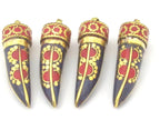 1 Pendant - Tibetan horn tusk shape lapis coral inlaid Brass pendant with dotted sun design - PM405A