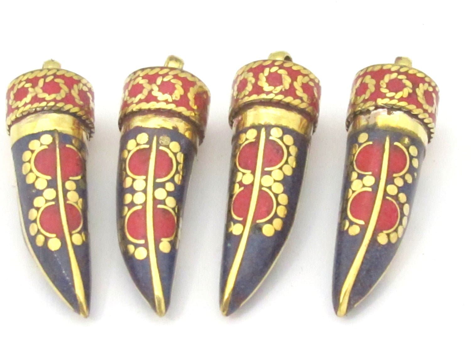 1 Pendant - Tibetan horn tusk shape lapis coral inlaid Brass pendant with dotted sun design - PM405A