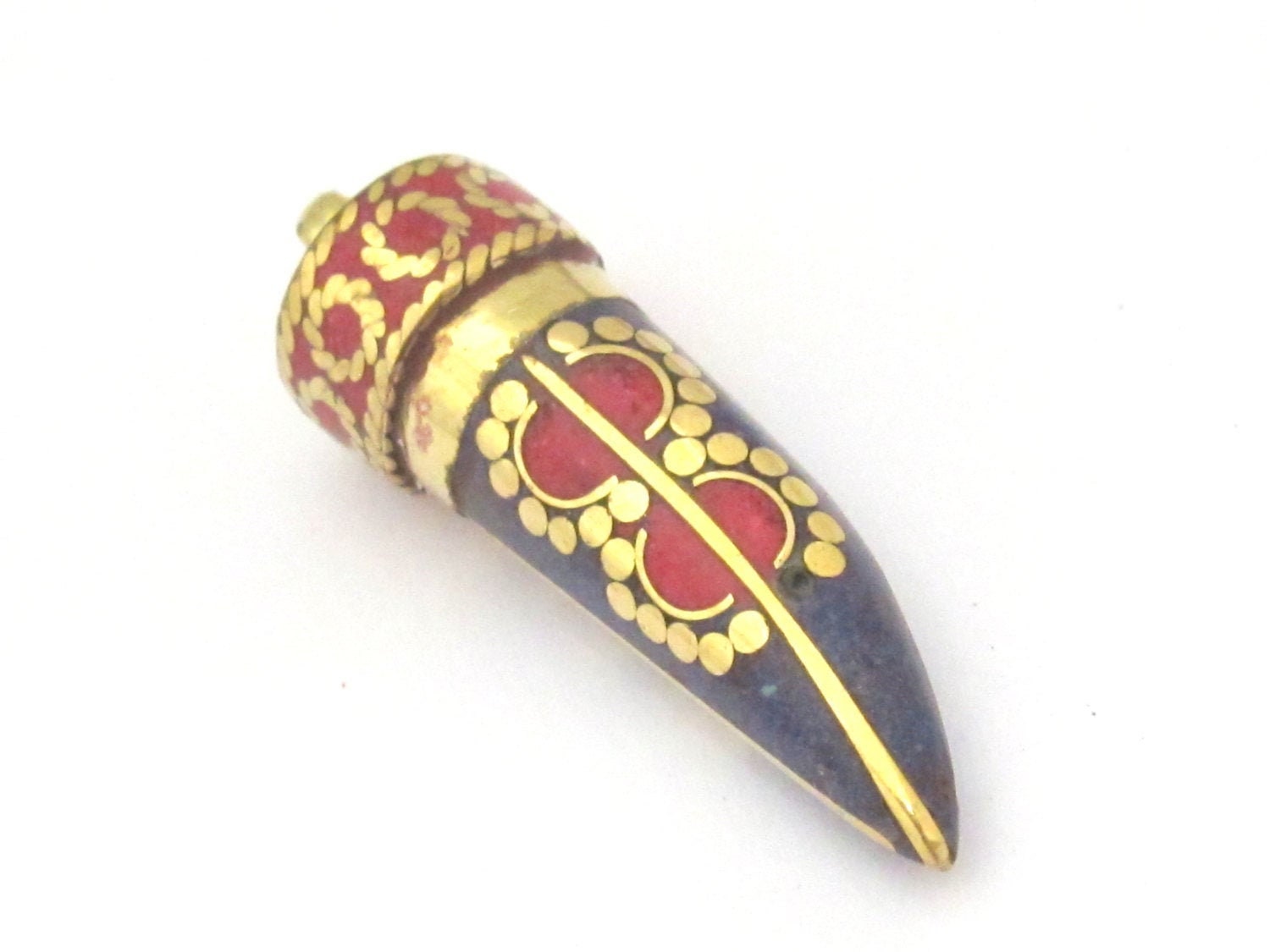 1 Pendant - Tibetan horn tusk shape lapis coral inlaid Brass pendant with dotted sun design - PM405A
