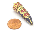 1 Pendant - Tibetan horn tusk shape lapis coral inlaid Brass pendant with dotted sun design - PM405A