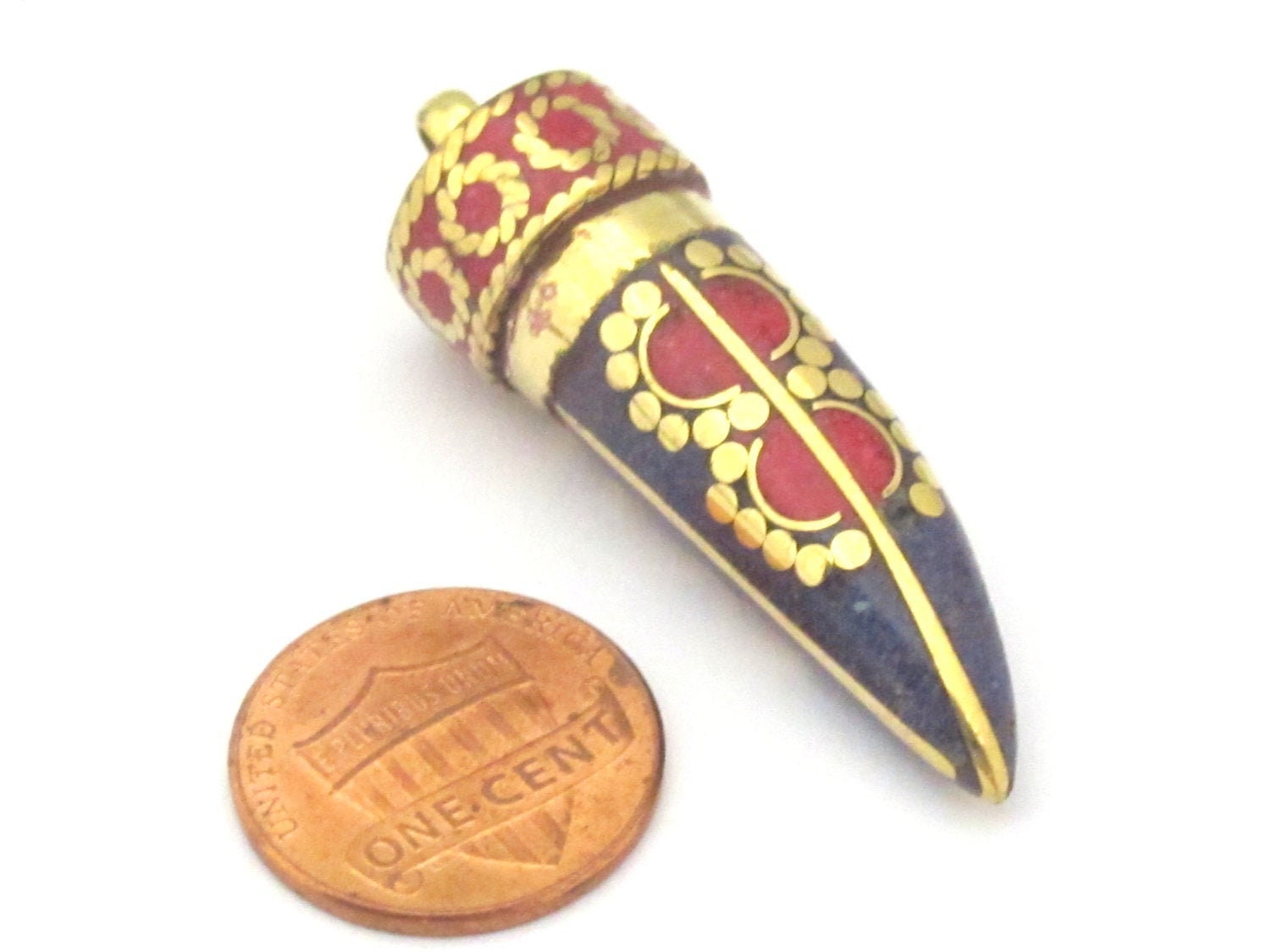 1 Pendant - Tibetan horn tusk shape lapis coral inlaid Brass pendant with dotted sun design - PM405A