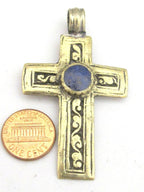 1 Pendant - Tibetan brass repousse cross pendant reversible with floral design and lapis inlay- PM352B Copyright Nepalbeadshop