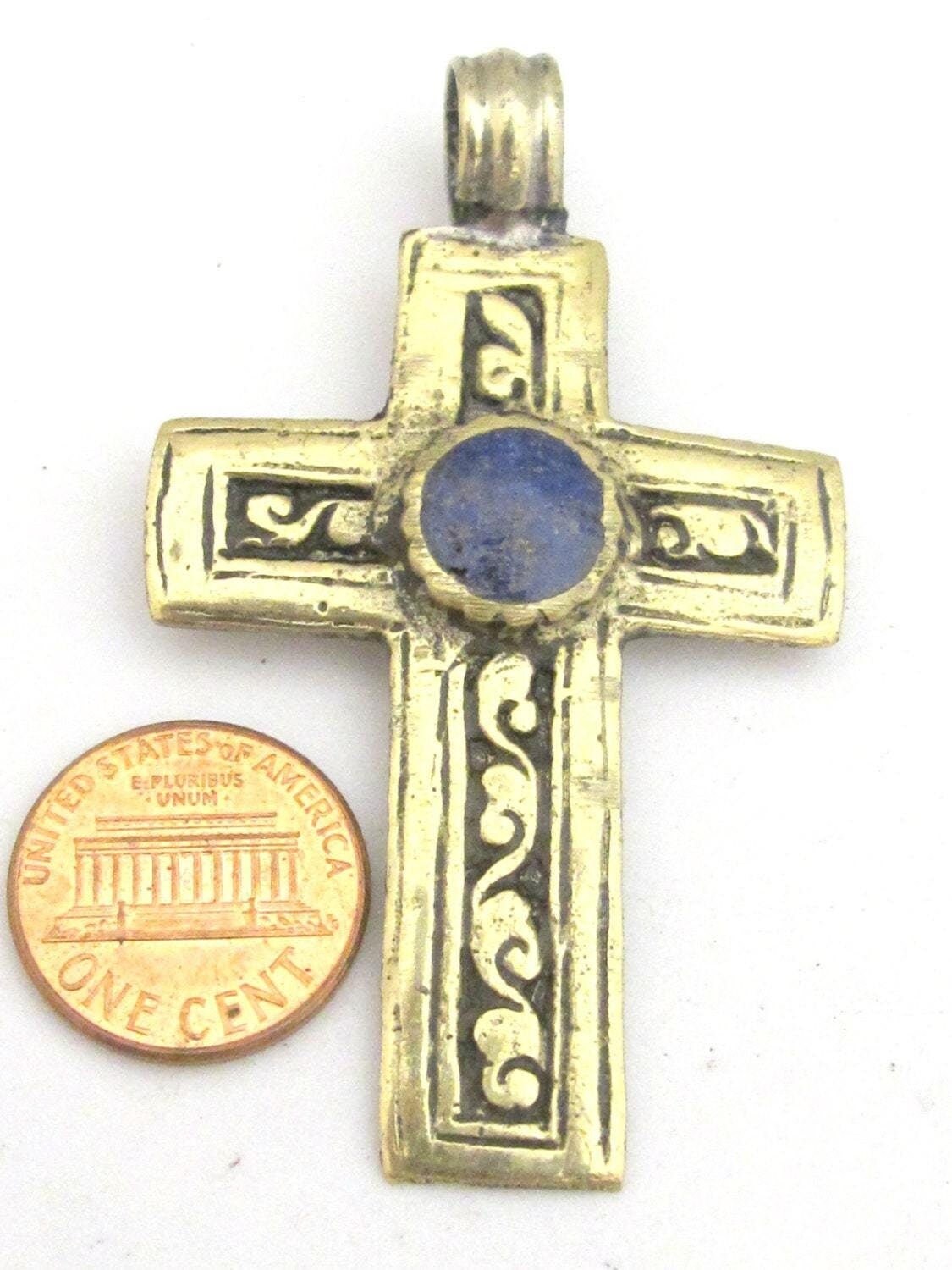 1 Pendant - Tibetan brass repousse cross pendant reversible with floral design and lapis inlay- PM352B Copyright Nepalbeadshop