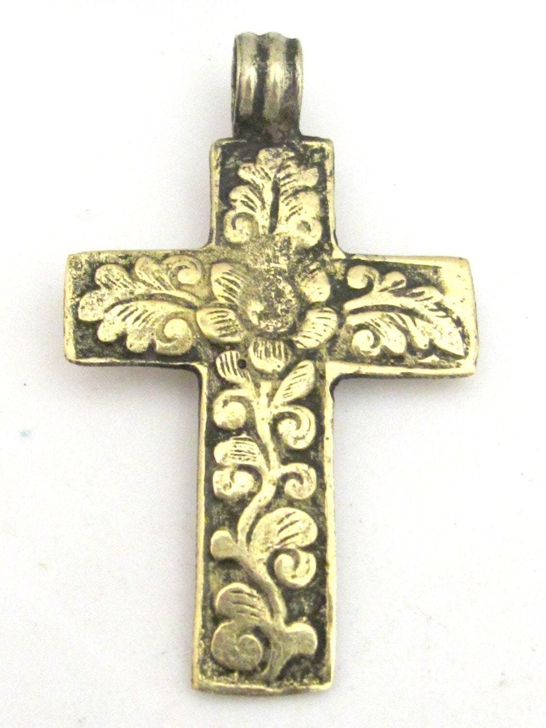1 Pendant - Tibetan brass repousse cross pendant reversible with floral design and lapis inlay- PM352B Copyright Nepalbeadshop