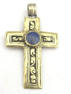1 Pendant - Tibetan brass repousse cross pendant reversible with floral design and lapis inlay- PM352B Copyright Nepalbeadshop
