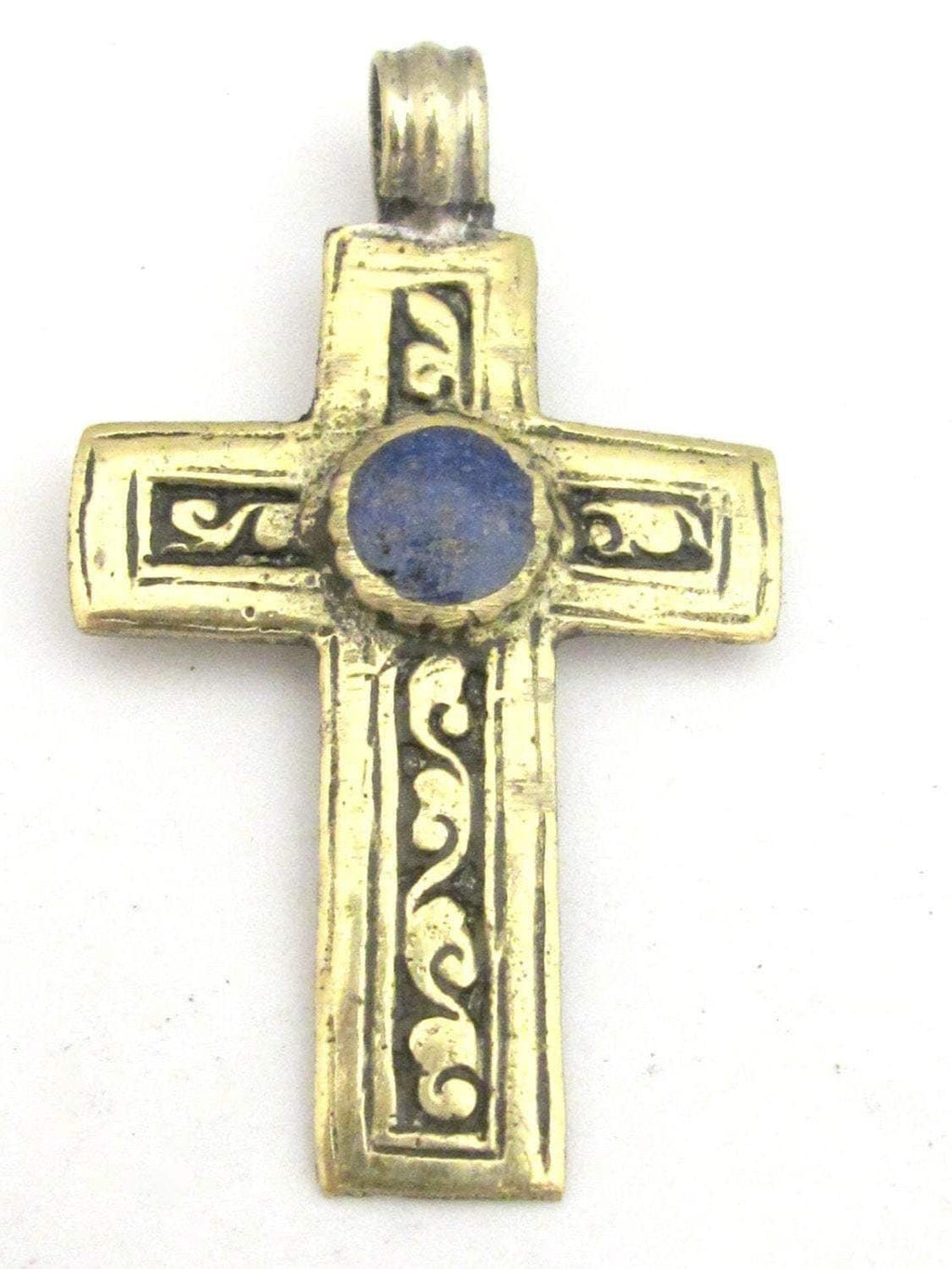 1 Pendant - Tibetan brass repousse cross pendant reversible with floral design and lapis inlay- PM352B Copyright Nepalbeadshop