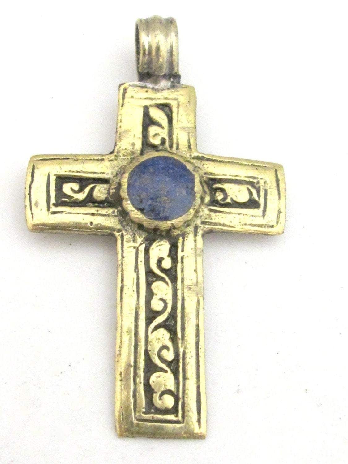 1 Pendant - Tibetan brass repousse cross pendant reversible with floral design and lapis inlay- PM352B Copyright Nepalbeadshop